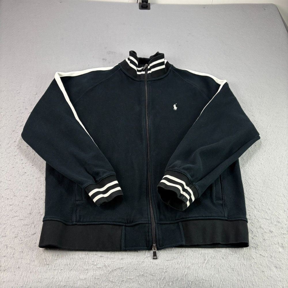 Polo Ralph Lauren Baseball Jacket Mens XL Black White Stripe Full Zip Casual